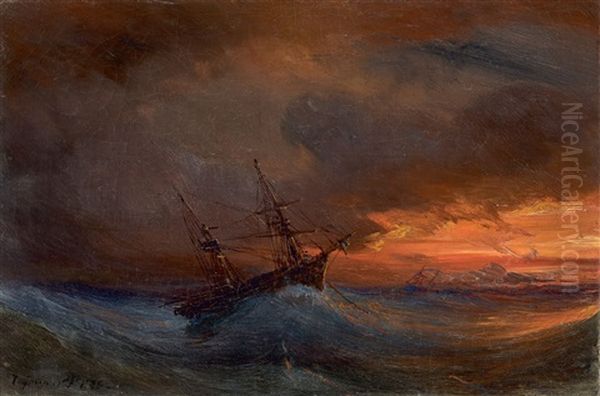 Ship In A Stormy Sea, At Sunset Oil Painting by Theodore Gudin