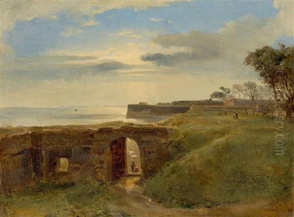 Coastal Landscape With Fortifications Oil Painting by Theodore Gudin