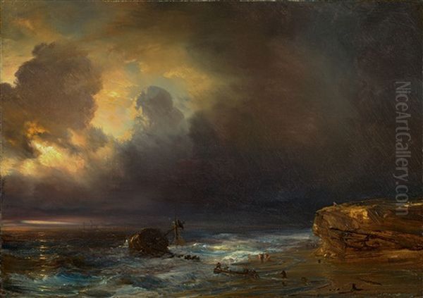 Coastal Scene By Moonlight Oil Painting by Theodore Gudin