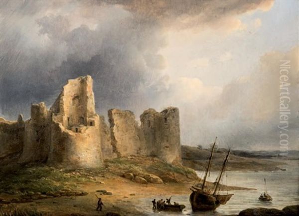 Barques De Peche Pres D'un Chateau En Ruine Oil Painting by Theodore Gudin