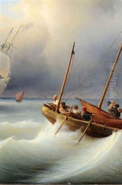 Navires Sur Une Mer Agitee Oil Painting by Theodore Gudin
