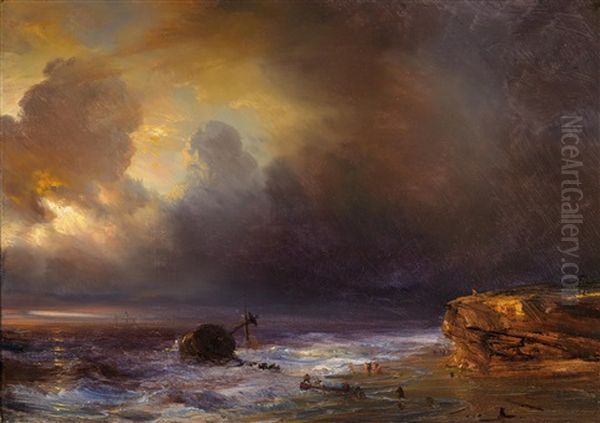 Wolkenverhangener Himmel Uber Einer Strandszene Oil Painting by Theodore Gudin