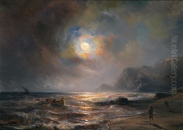 Mond Uber Einer Felsigen Kustenlandschaft Oil Painting by Theodore Gudin
