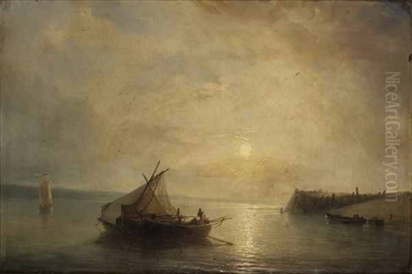 Barque De Pecheurs Au Soleil Couchant Oil Painting by Theodore Gudin