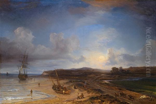 Fischer Am Mondbeschienenen Strand, Am Himmel Der Abendstern Oil Painting by Theodore Gudin