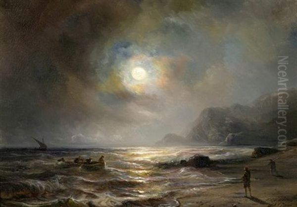 Strandszene Bei Vollmond Oil Painting by Theodore Gudin