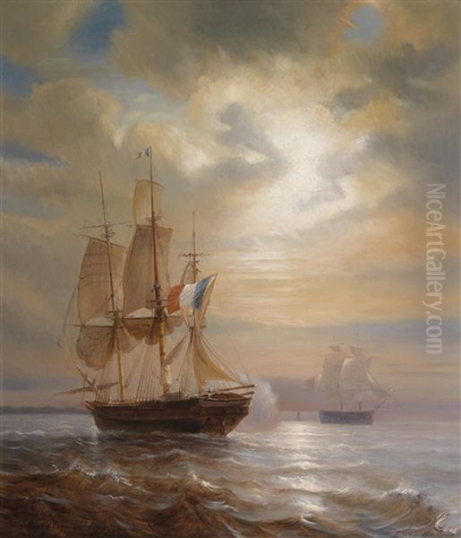 Segelschiffe In Der Abenddammerung Oil Painting by Theodore Gudin