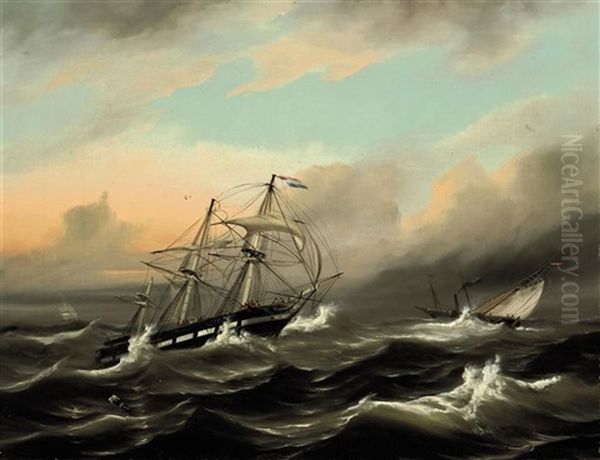 A Dutch Merchantman Running Before A Gale In The Channel With A Paddlesteamer And Pilot Cutter Off Her Port Beam Oil Painting by Theodore Gudin