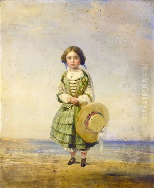 Portrait D'elisabeth, Fille Du Peintre Et Filleule De La Tzarine Maria Fedorovna, Sur La Plage Oil Painting by Theodore Gudin