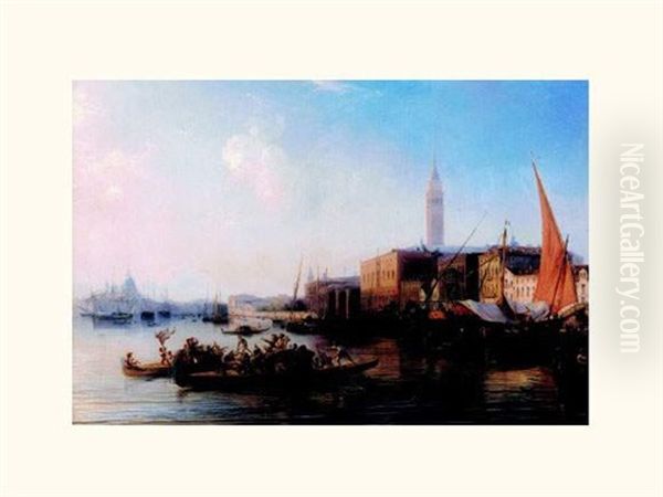 Vue De Venise, Le Depart Pour La Fete Du Lido Oil Painting by Theodore Gudin