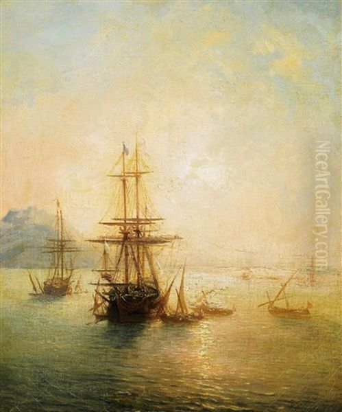 Englische Galeone Mit Der Flagge Von St. George Sowie Beiboote Und Segler Vor Gibraltar Oil Painting by Theodore Gudin