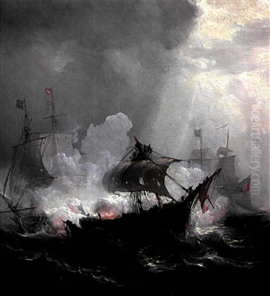 Combat Naval Entre Trois Voiliers Oil Painting by Theodore Gudin