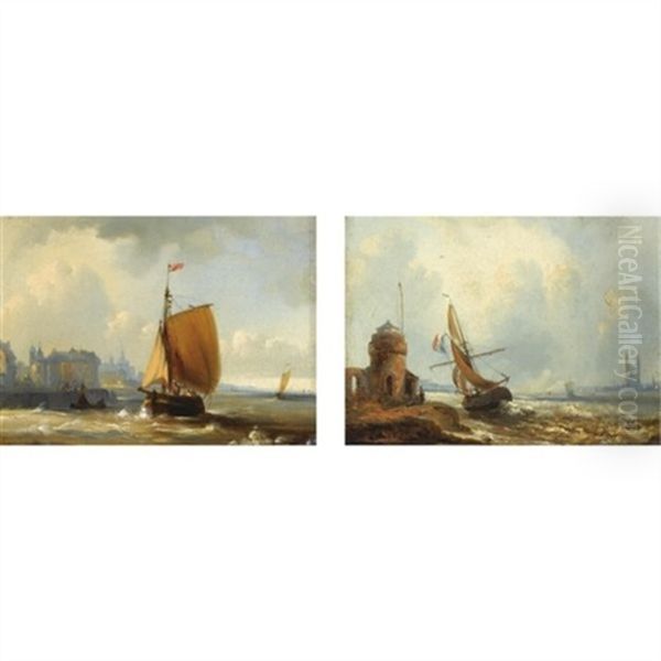 A Sailingvessel Along The Coast (+ Another Similar; Pair) Oil Painting by Theodore Gudin