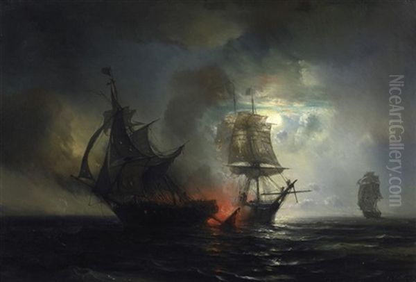 Dramatische Seeschlacht In Vollmondnacht Oil Painting by Theodore Gudin