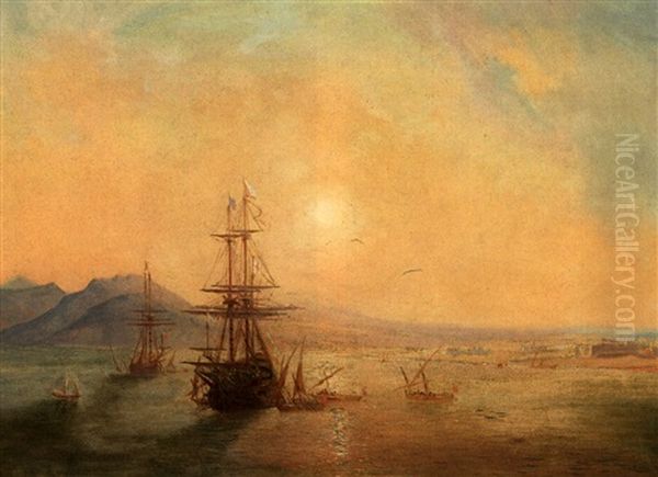 Englsche Galeone Mit Der Flagge Von St. George Mit Zahlreichen Beibooten Und Segler Vor Gibraltar(?) Oil Painting by Theodore Gudin