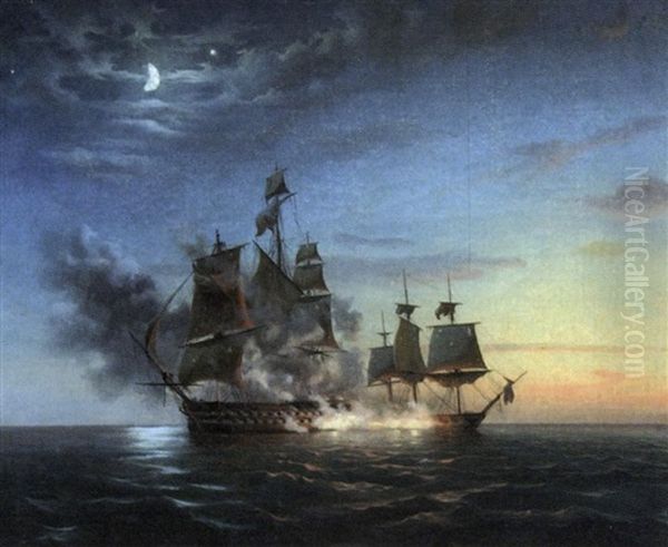 Scene De Combat Naval Oil Painting by Theodore Gudin