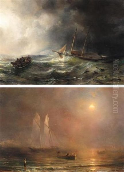 The Schooner "claymore" In A Storm (+ The Schooner "claymore" On Calm Seas; 2 Works) Oil Painting by Theodore Gudin