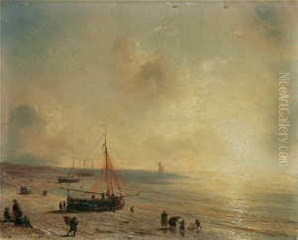 Fischerboote Am Strand Bei Den Haag Oil Painting by Theodore Gudin