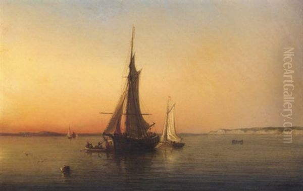 A Coaster Unloading At Dusk Off The Brittany Coast Oil Painting by Theodore Gudin