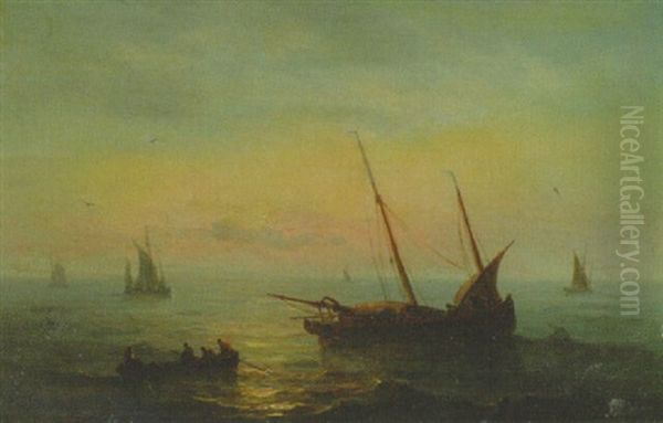 Fishing Boats At Sunset Oil Painting by Theodore Gudin