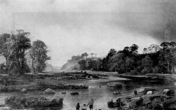 Pecheurs Au Bord D'une Riviere Oil Painting by Theodore Gudin