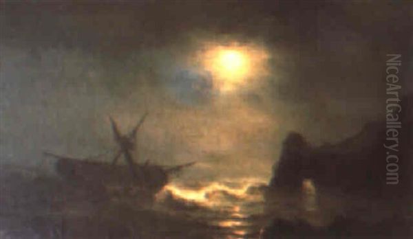 Barca En Tempestad Nocturna Oil Painting by Theodore Gudin