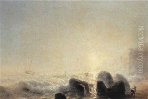 Rocky Coastal Landscape With Fishermen Oil Painting by Theodore Gudin