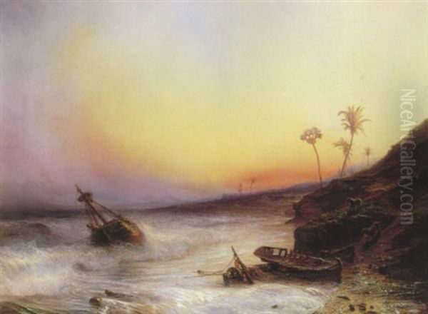 A Tropical Coastal Landscape With A Wrecked Sailing-vessel  In The Breakers, At Sunset Oil Painting by Theodore Gudin