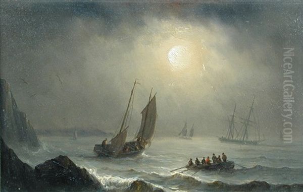 Sailing Ships In Stormy Seas; Fishing Boats At Sunset Oil Painting by Henriette Gudin