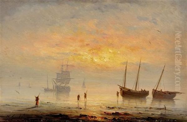 Segelschiffe Vor Rotlich Gefarbtem Himmel Oil Painting by Henriette Gudin