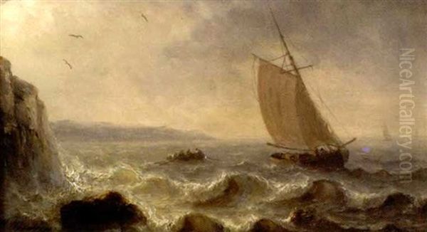 Bateaux De Peche Pres D'une Falaise Oil Painting by Henriette Gudin