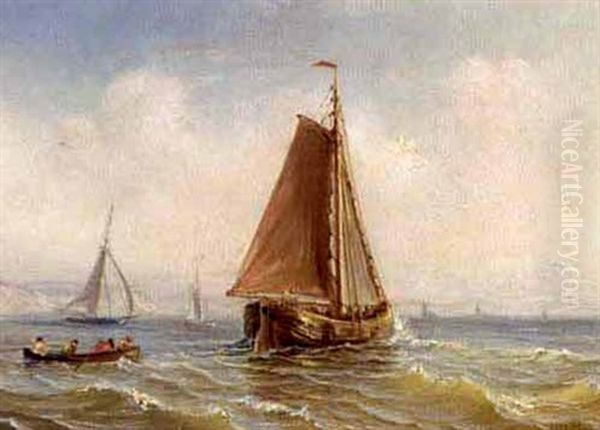 Sailing Vessels And A Rowing Boat Offshore Oil Painting by Henriette Gudin