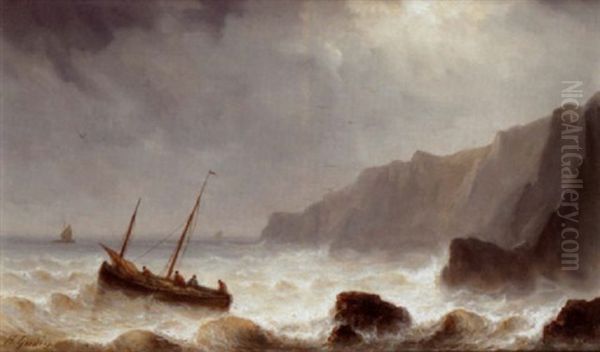 Fishing Boats Off The Rocks By Moonlight Oil Painting by Henriette Gudin