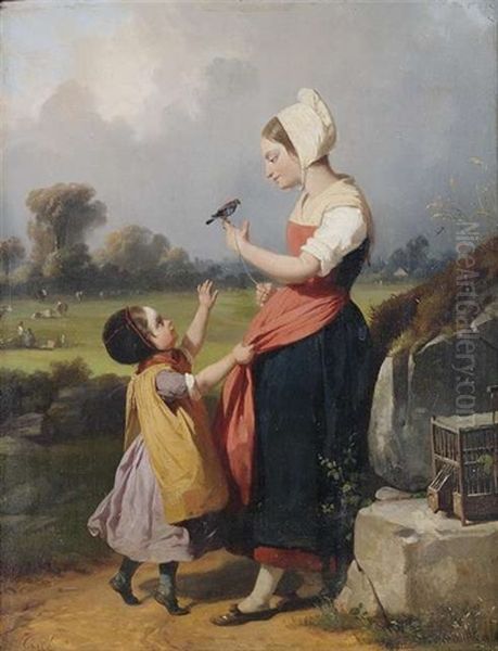 Mutter Und Kind Mit Einem Singvogel Vor Landschaftshintergrund Oil Painting by Oscar Gue