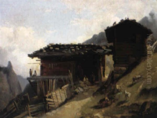 Tiroler Berghutten Mit Figurenstaffage Oil Painting by Julien-Michel Gue