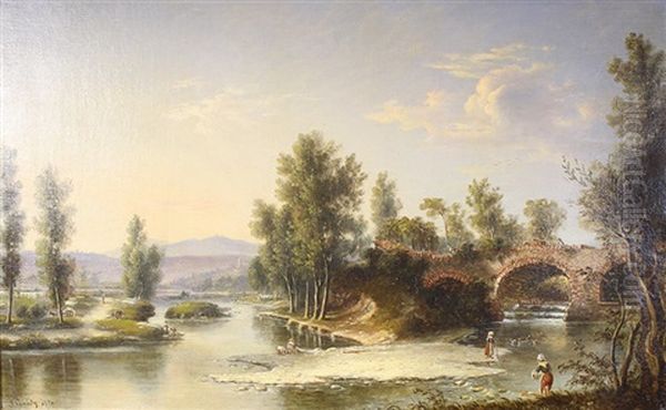 Lavandiere En Bord De Riviere Et Vue De Port Dans La Baie Oil Painting by Eugene Guedy