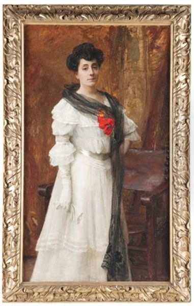 Portrait De Madame Pauline Garnier En Robe Blanche Oil Painting by Gaston Edouard Guedy