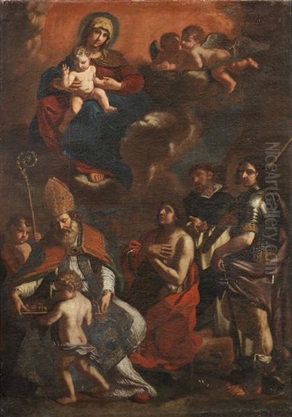 The Madonna And Child With The Patron Saints Of Modena: Saints John The Baptist, Peter The Martyr, George And Geminianus Oil Painting by Giovanni Francesco Barbieri