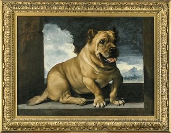 Portrait Of An Italian Cane Corso Seated Within A Stone Window Opening, A Mountainous Landscape Beyond Oil Painting by Giovanni Francesco Barbieri