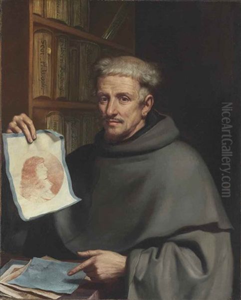 Portrait Of Fra Bonaventura Bisi (1601-1659), Called Il Pittorino, Half-length, Holding A Drawing Of Alfonso Iv, Duke Of Modena Oil Painting by Giovanni Francesco Barbieri