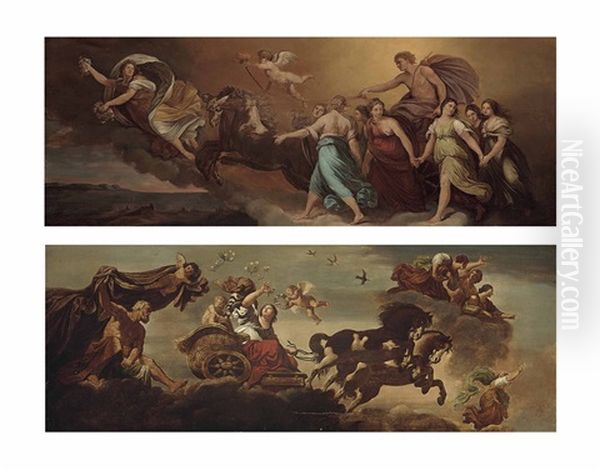 Apollo In His Chariot Preceded By Aurora (+ Aurora; Pair) Oil Painting by Giovanni Francesco Barbieri