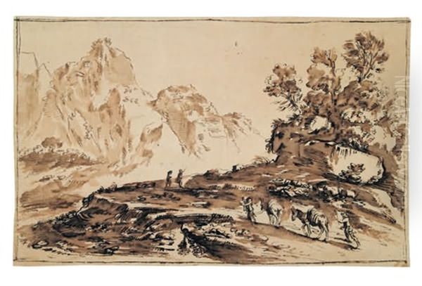 Maultierkolonne In Gebirgiger Landschaft Oil Painting by Giovanni Francesco Barbieri