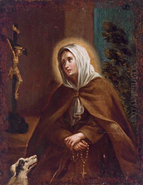 Die Heilige Margarita Von Cortona Mit Ihrem Attribut, Einem Hund, Vor Dem Kruzifix Oil Painting by Giovanni Francesco Barbieri