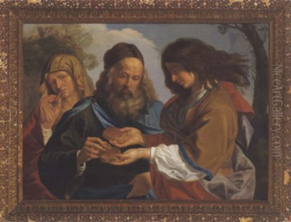 Simson Und Manoah Mit Seiner Frau, Die Von Honigwaben Aus Dem Lowenrachen Zu Essen Bekommen Oil Painting by Giovanni Francesco Barbieri