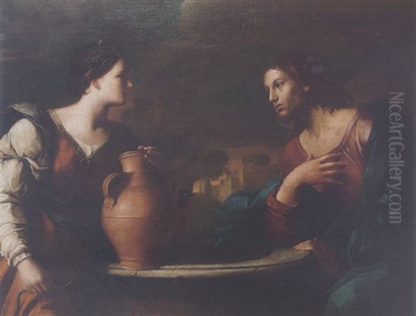 Christ And The Woman Of Samaria Oil Painting by Giovanni Francesco Barbieri