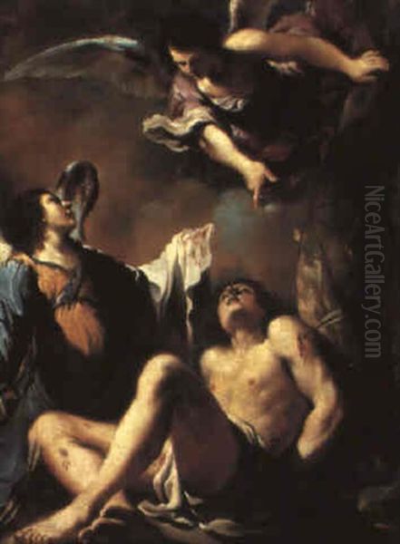 St. Sebastian With Angels Oil Painting by Giovanni Francesco Barbieri