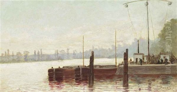 Loading Barges On A French River Oil Painting by Ernest Pierre Guerin