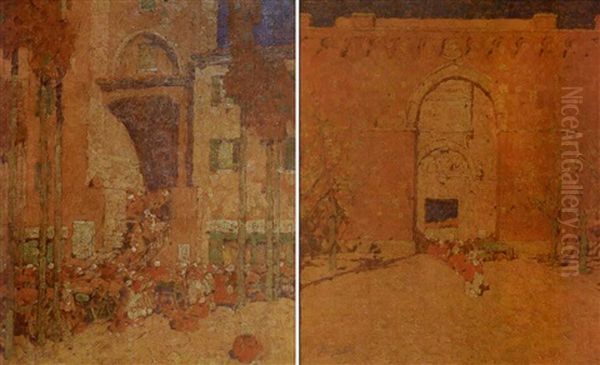 The Market Place, Siena (+ Porta Romano, Siena; 2 Works) Oil Painting by Jules Guerin