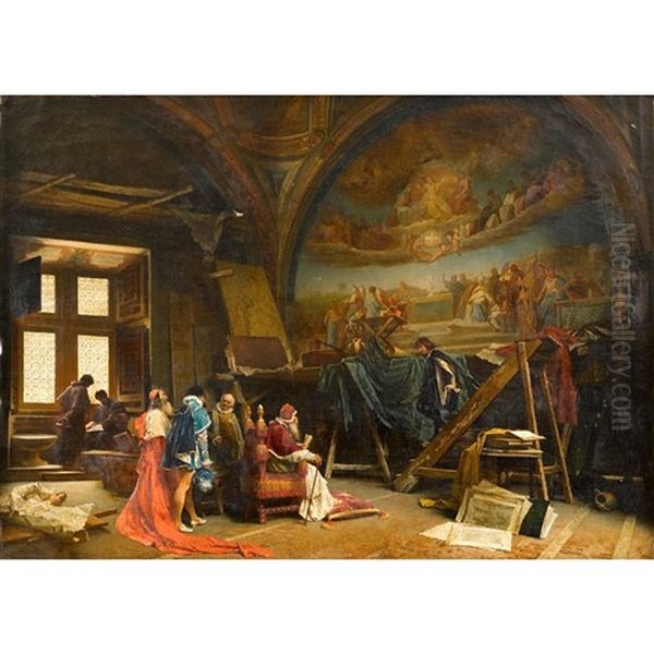 Pope Julius Ii Receiving Raphael Oil Painting by Achille Guerra