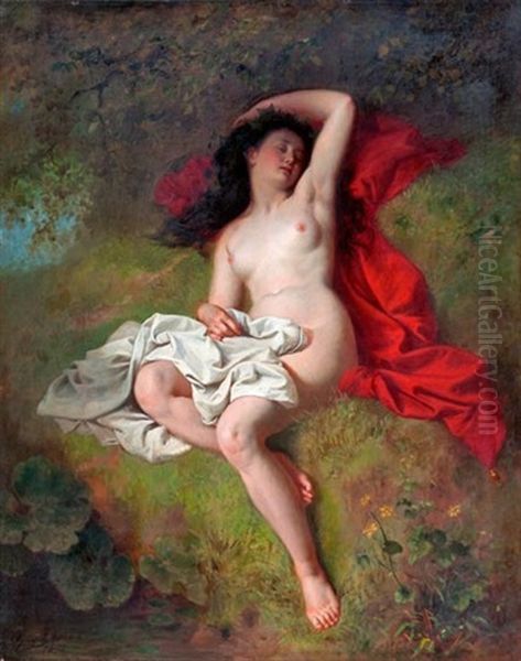 Nyujtozkodo Akt Tajban Oil Painting by Carl Adolf Gugel